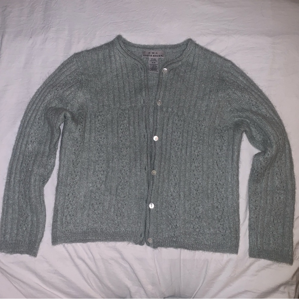 Vintage Eddie Bauer Women's light sage green mohair wool Cardigan Sweater